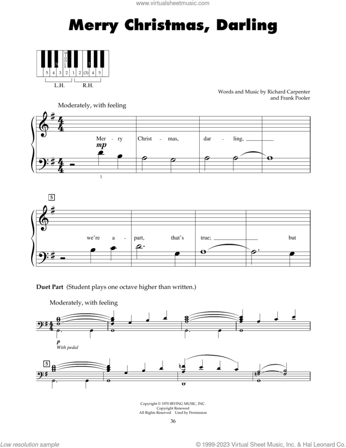 Merry Christmas, Darling sheet music for piano solo (5-fingers) by Carpenters, Frank Pooler and Richard Carpenter, beginner piano (5-fingers)