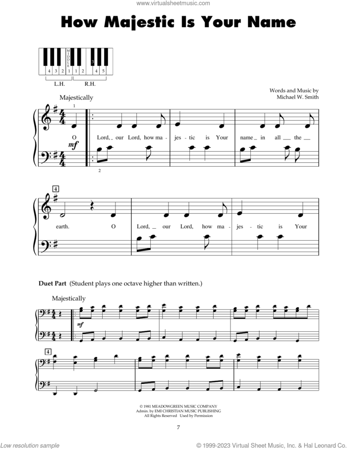 How Majestic Is Your Name sheet music for piano solo (5-fingers) by Sandi Patty and Michael W. Smith, beginner piano (5-fingers)