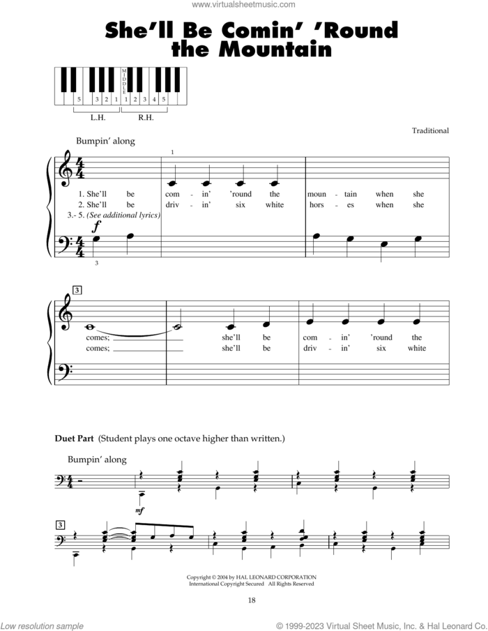 She'll Be Comin' 'Round The Mountain sheet music for piano solo (5-fingers), beginner piano (5-fingers)
