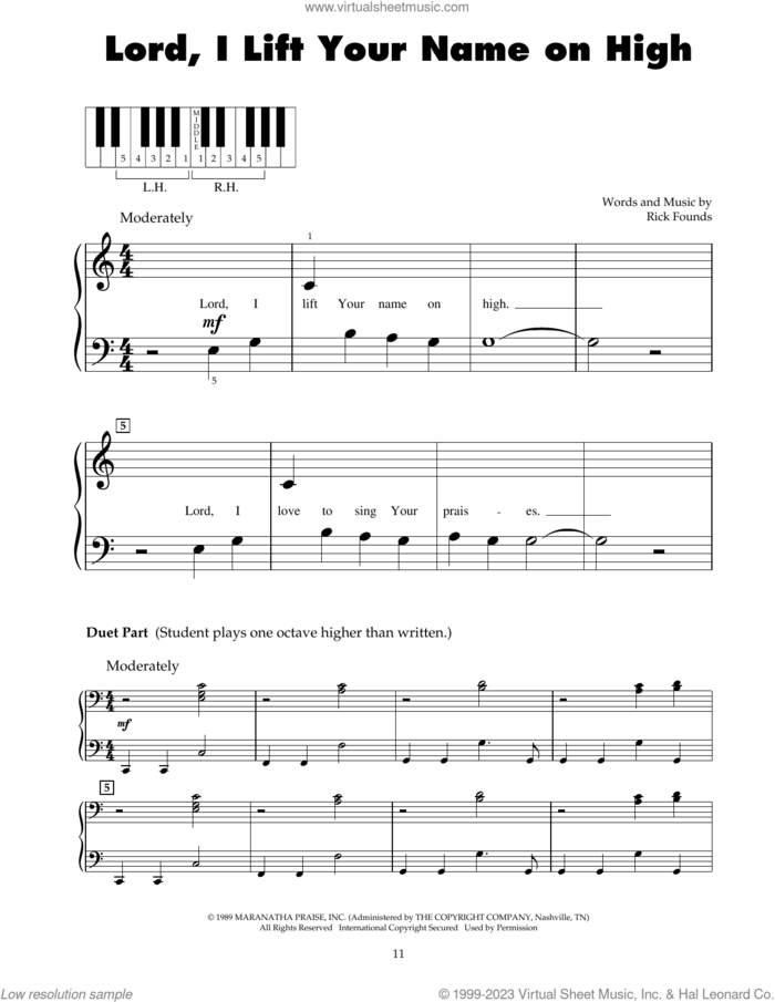Lord, I Lift Your Name On High sheet music for piano solo (5-fingers) by Rick Founds, beginner piano (5-fingers)