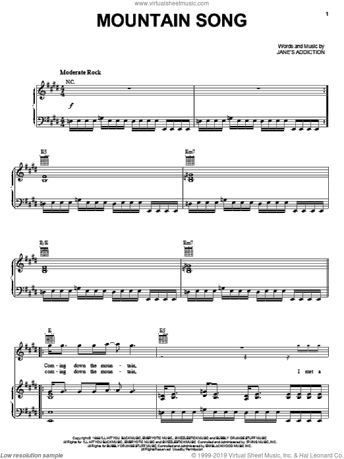 Mountain Song sheet music for voice, piano or guitar by Jane's Addiction, Dave Navarro, Perry Farrell and Stephen Perkins, intermediate skill level