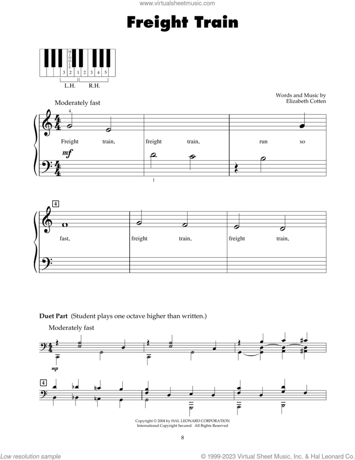 Freight Train sheet music for piano solo (5-fingers) by Elizabeth Cotten, beginner piano (5-fingers)
