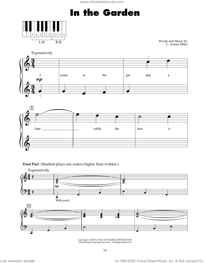 In The Garden sheet music for piano solo (5-fingers) by C. Austin Miles, beginner piano (5-fingers)