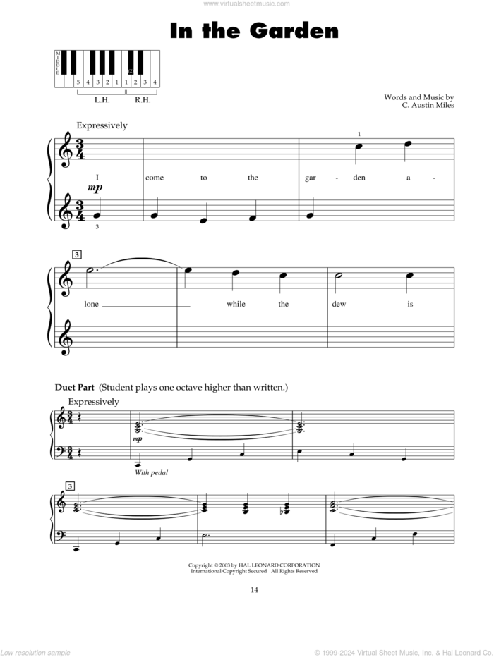 In The Garden sheet music for piano solo (5-fingers) by C. Austin Miles, beginner piano (5-fingers)