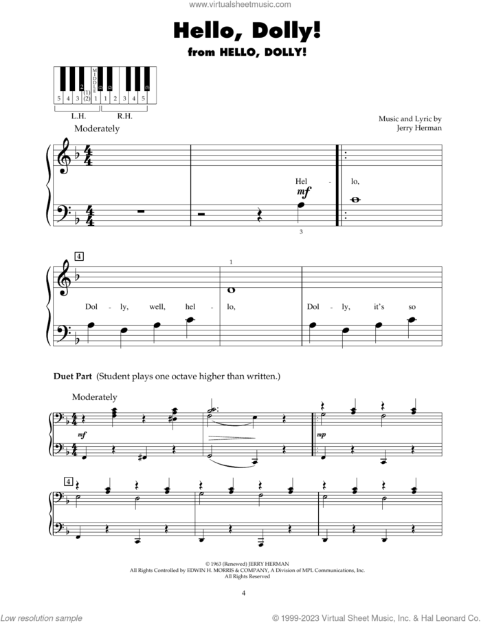 Hello, Dolly! sheet music for piano solo (5-fingers) by Jerry Herman and Louis Armstrong, beginner piano (5-fingers)