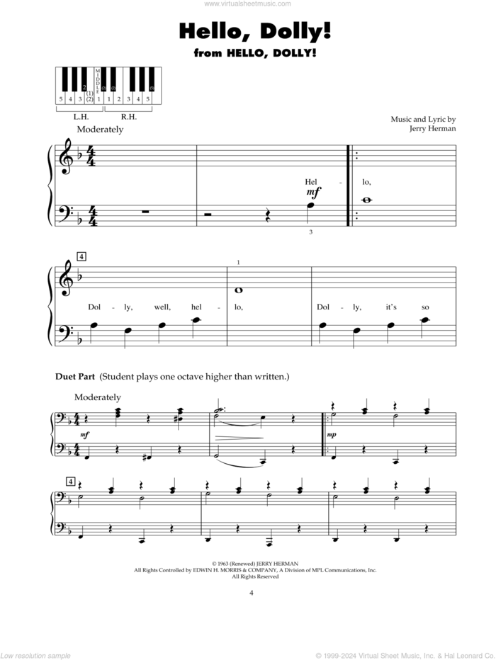 Hello, Dolly! sheet music for piano solo (5-fingers) by Jerry Herman and Louis Armstrong, beginner piano (5-fingers)