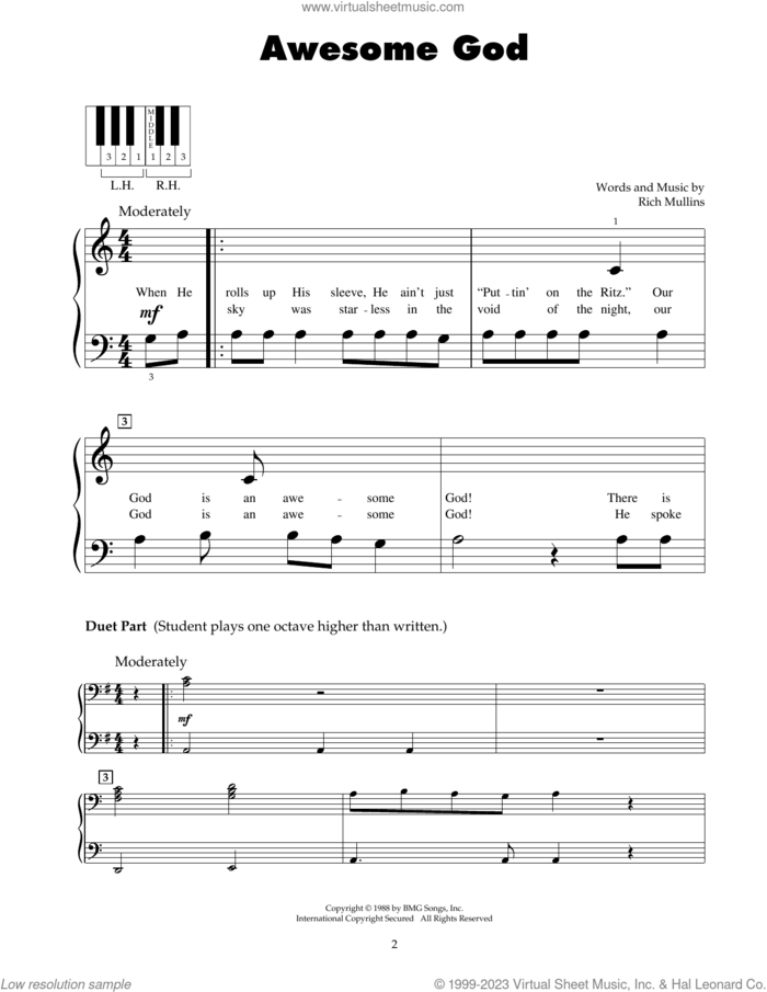 Awesome God sheet music for piano solo (5-fingers) by Rich Mullins, beginner piano (5-fingers)