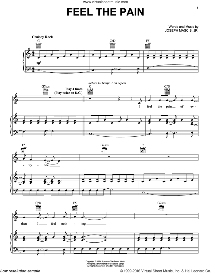 Feel The Pain sheet music for voice, piano or guitar by Dinosaur Jr. and Joseph Mascis, intermediate skill level
