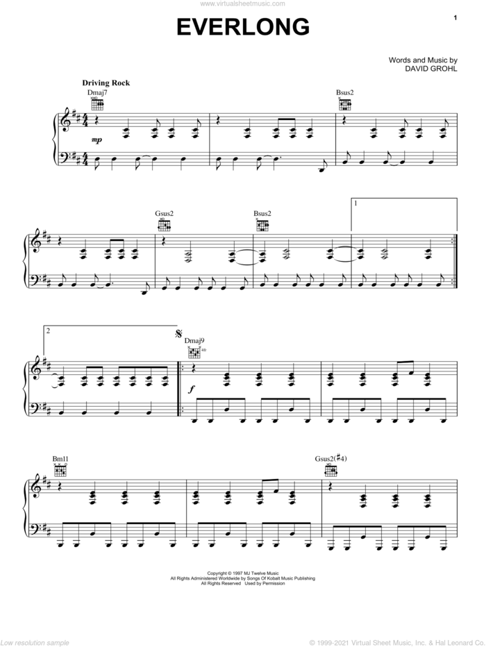 Everlong sheet music for voice, piano or guitar by Foo Fighters and Dave Grohl, intermediate skill level
