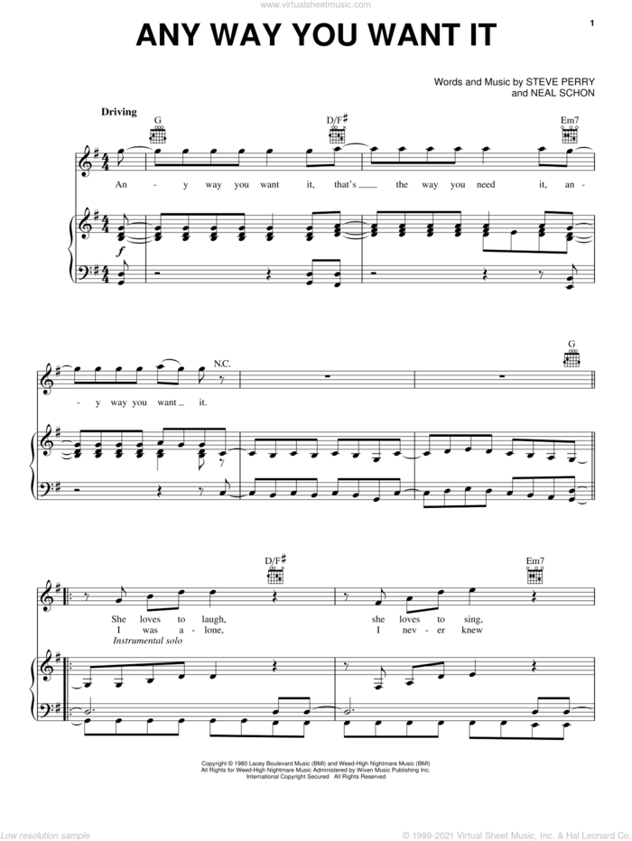 Any Way You Want It sheet music for voice, piano or guitar by Journey, Rock Of Ages (Musical), Neal Schon and Steve Perry, intermediate skill level
