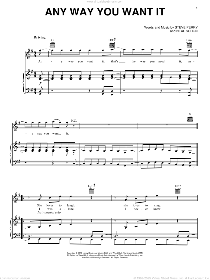 Any Way You Want It sheet music for voice, piano or guitar by Journey, Rock Of Ages (Musical), Neal Schon and Steve Perry, intermediate skill level