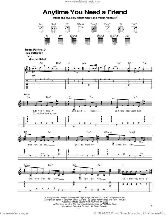 Anytime You Need A Friend sheet music for guitar solo (easy tablature) by Mariah Carey and Walter Afanasieff, wedding score, easy guitar (easy tablature)