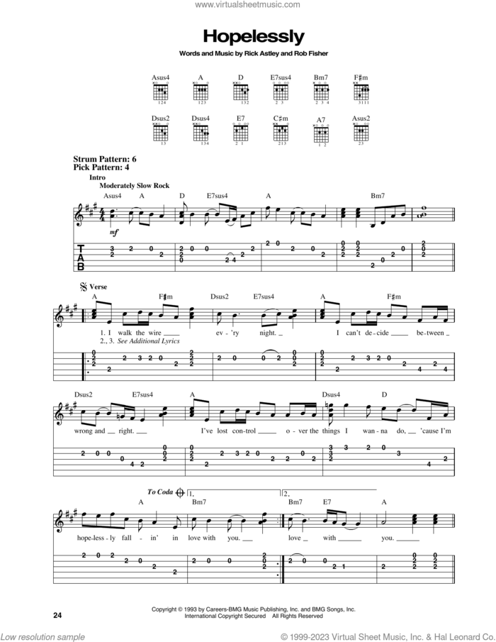 Hopelessly sheet music for guitar solo (easy tablature) by Rick Astley and Rob Fisher, easy guitar (easy tablature)