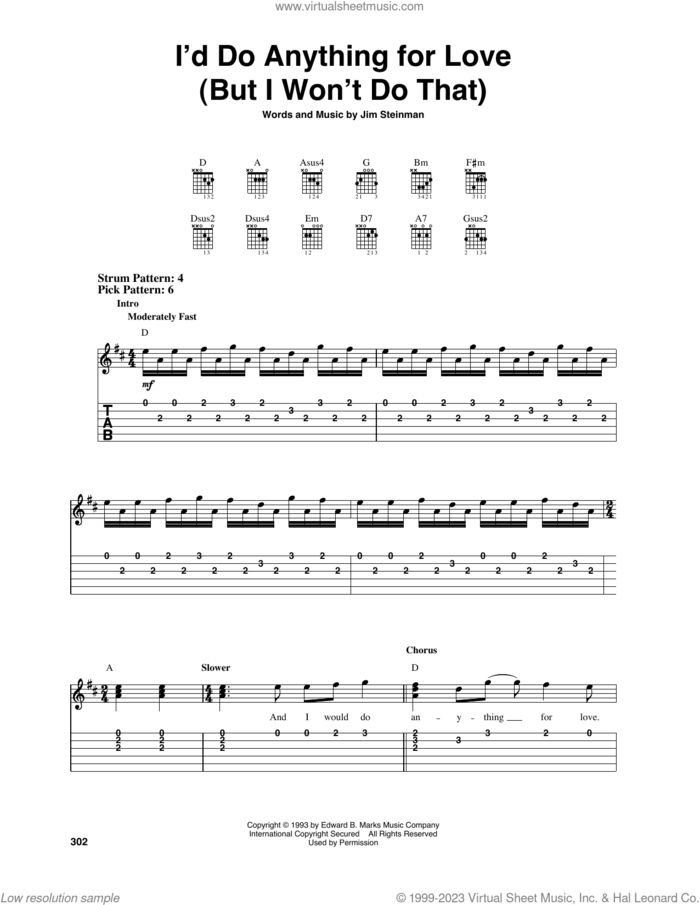 I'd Do Anything For Love (But I Won't Do That) sheet music for guitar solo (easy tablature) by Meat Loaf and Jim Steinman, easy guitar (easy tablature)