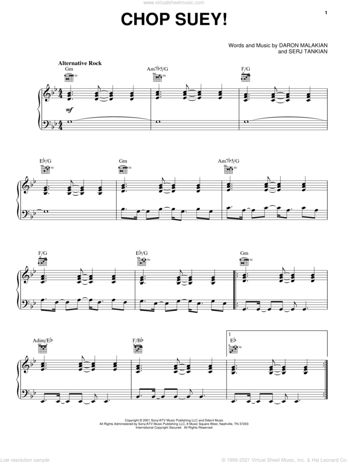 Chop Suey! sheet music for voice, piano or guitar by System Of A Down, Daron Malakian and Serj Tankian, intermediate skill level