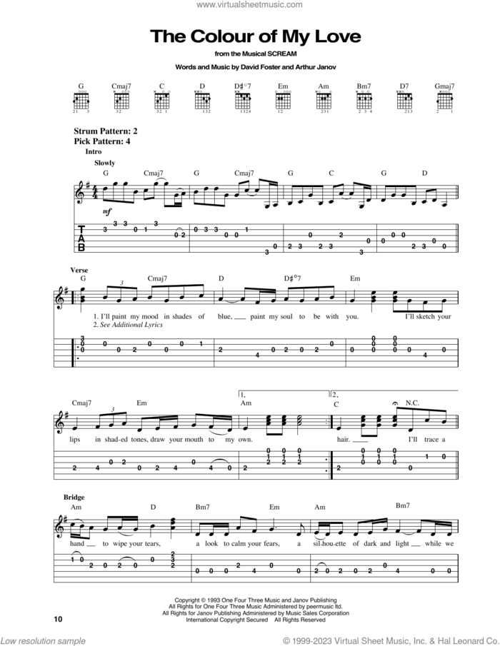 The Colour Of My Love sheet music for guitar solo (easy tablature) by Celine Dion, Arthur Janov and David Foster, easy guitar (easy tablature)