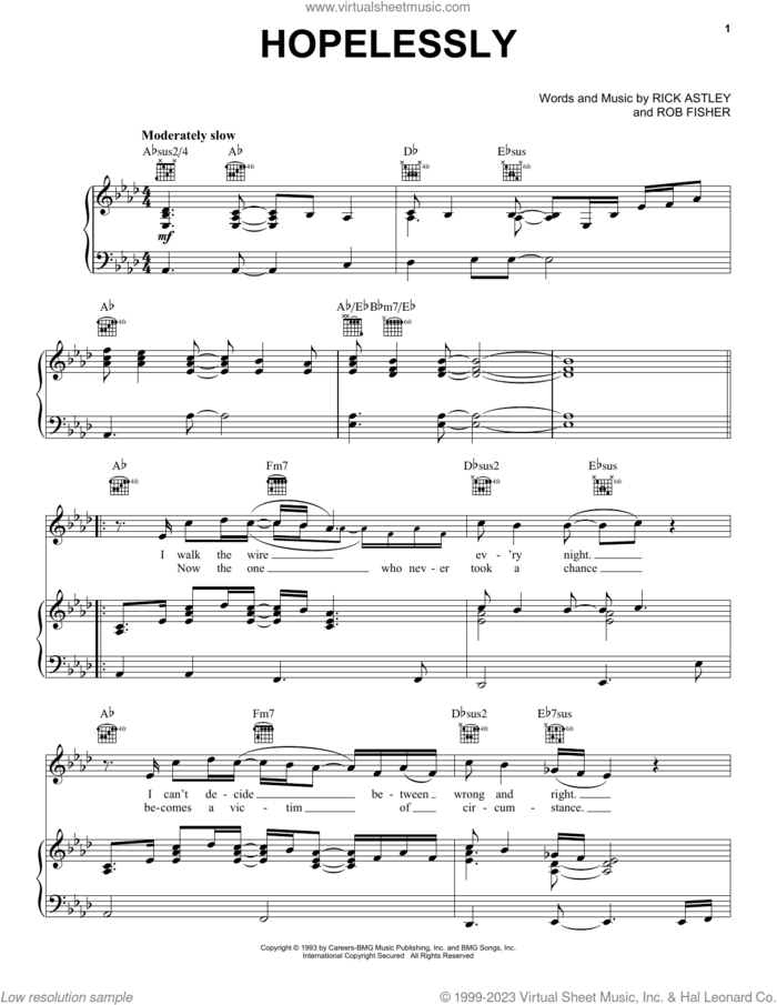 Hopelessly sheet music for voice, piano or guitar by Rick Astley and Rob Fisher, intermediate skill level