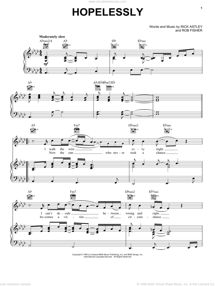 Hopelessly sheet music for voice, piano or guitar by Rick Astley and Rob Fisher, intermediate skill level