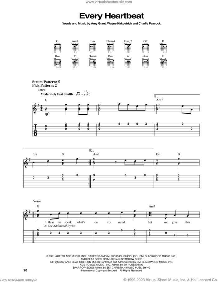 Every Heartbeat sheet music for guitar solo (easy tablature) by Amy Grant, Charlie Peacock and Wayne Kirkpatrick, easy guitar (easy tablature)