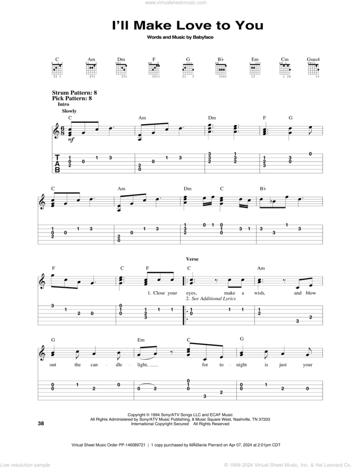 I'll Make Love To You sheet music for guitar solo (easy tablature) by Boyz II Men and Babyface, easy guitar (easy tablature)