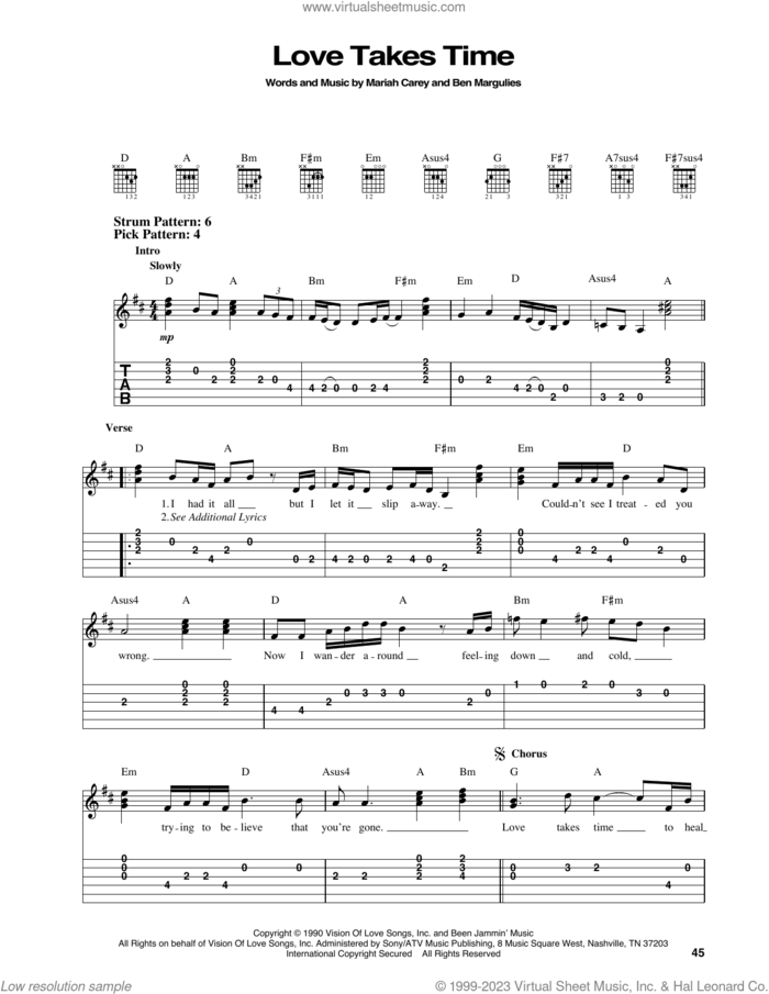 Love Takes Time sheet music for guitar solo (easy tablature) by Mariah Carey and Ben Margulies, easy guitar (easy tablature)