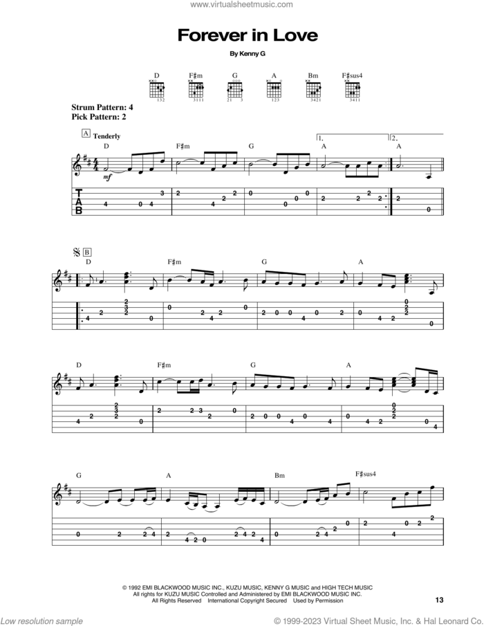 Forever In Love sheet music for guitar solo (easy tablature) by Kenny G, easy guitar (easy tablature)