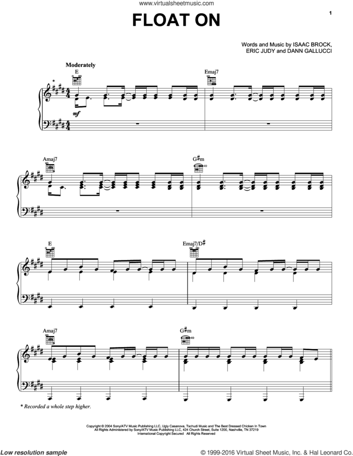 Float On sheet music for voice, piano or guitar by Modest Mouse, Dann Gallucci, Eric Judy and Isaac Brock, intermediate skill level