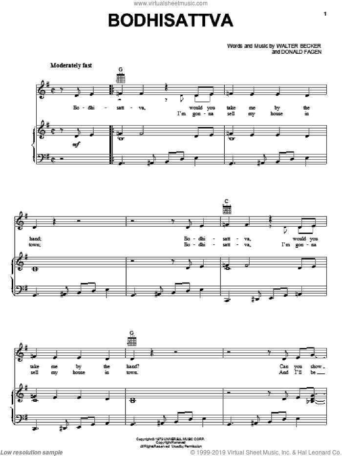 Bodhisattva sheet music for voice, piano or guitar by Steely Dan, Donald Fagen and Walter Becker, intermediate skill level