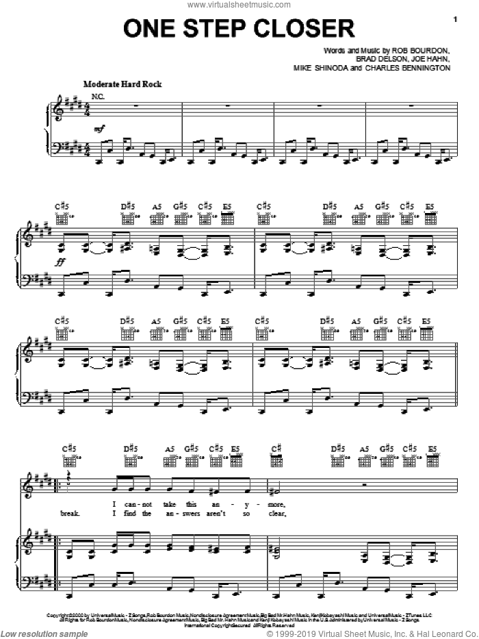 One Step Closer sheet music for voice, piano or guitar by Linkin Park, Brad Delson, Charles Bennington, Joe Hahn, Mike Shinoda and Rob Bourdon, intermediate skill level
