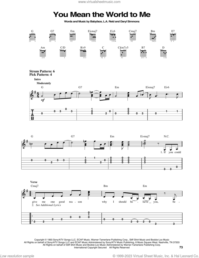 You Mean The World To Me sheet music for guitar solo (easy tablature) by Toni Braxton, Babyface, Daryl Simmons and L.A. Reid, easy guitar (easy tablature)