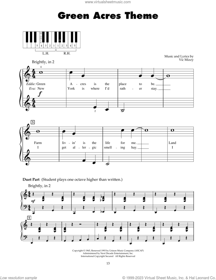 Green Acres Theme sheet music for piano solo (5-fingers) by Vic Mizzy, beginner piano (5-fingers)