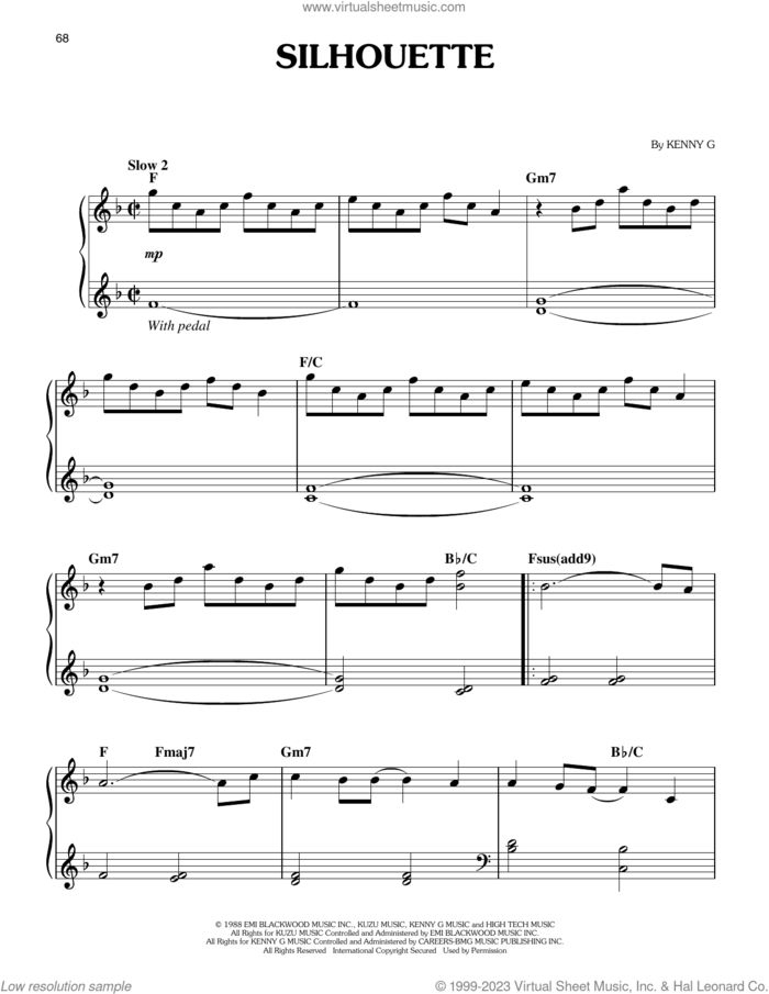 Silhouette sheet music for piano solo by Kenny G, easy skill level