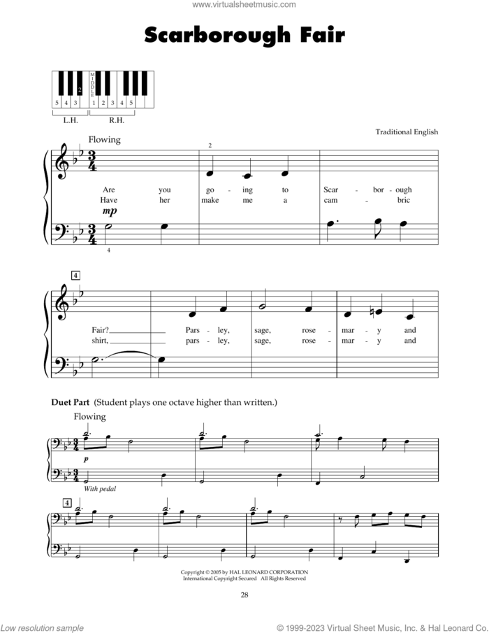 Scarborough Fair sheet music for piano solo (5-fingers), beginner piano (5-fingers)