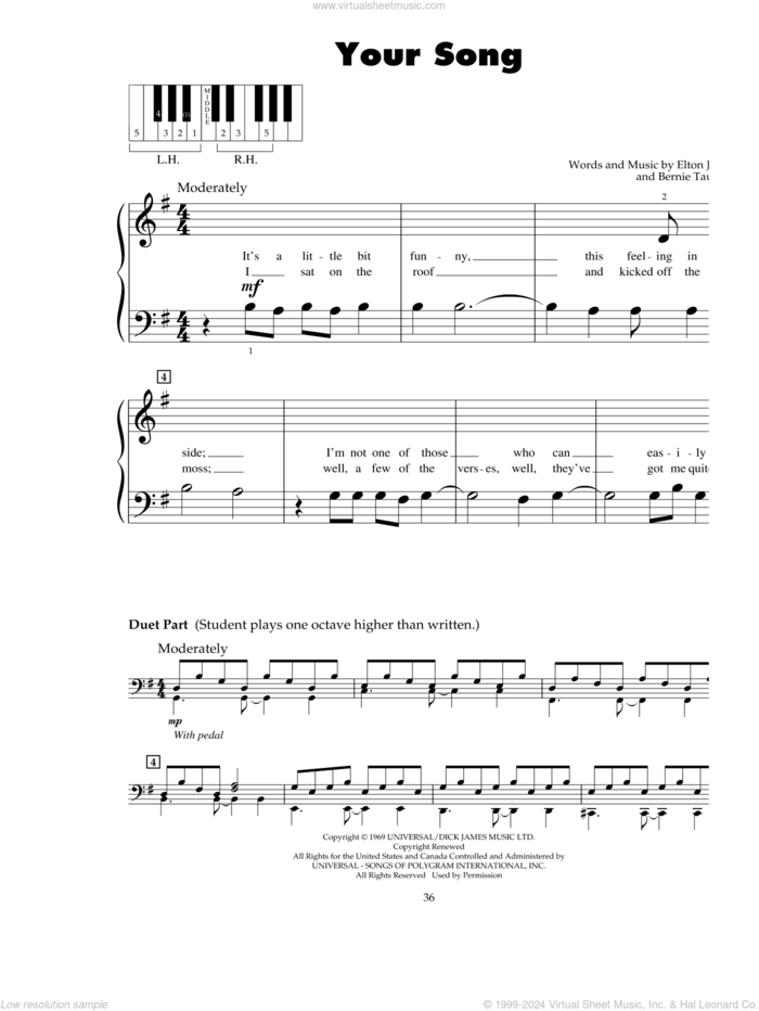 Your Song sheet music for piano solo (5-fingers) by Elton John and Bernie Taupin, beginner piano (5-fingers)