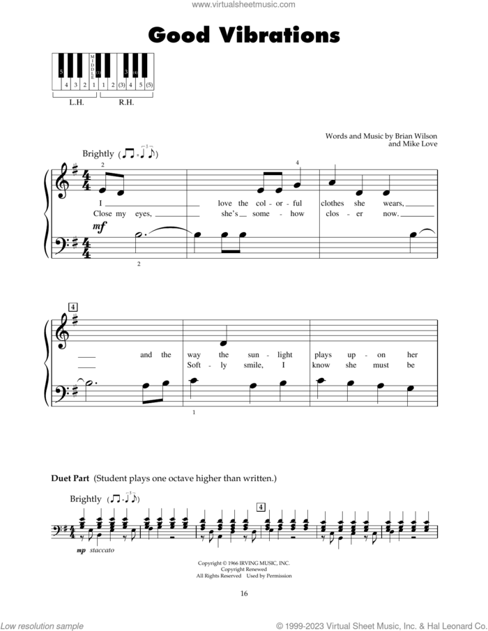 Good Vibrations sheet music for piano solo (5-fingers) by The Beach Boys, Brian Wilson and Mike Love, beginner piano (5-fingers)