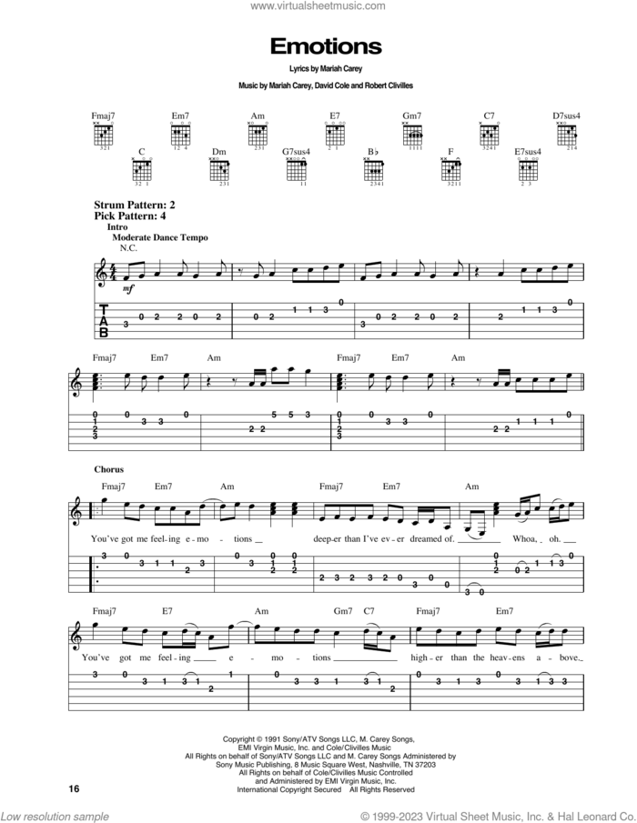 Emotions sheet music for guitar solo (easy tablature) by Mariah Carey, David Cole and Robert Clivilles, easy guitar (easy tablature)