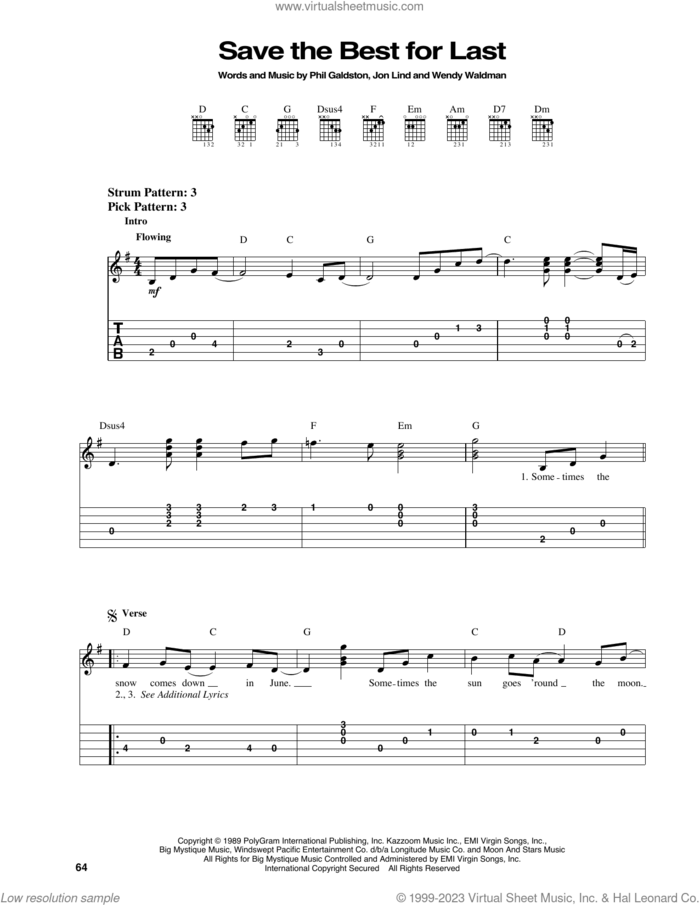 Save The Best For Last sheet music for guitar solo (easy tablature) by Vanessa Williams, Jon Lind, Phil Galdston and Wendy Waldman, easy guitar (easy tablature)