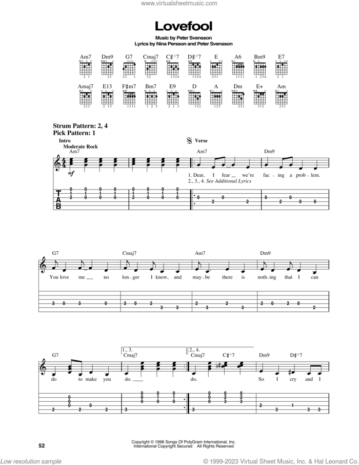 Lovefool sheet music for guitar solo (easy tablature) by The Cardigans, Nina Persson and Peter Svensson, easy guitar (easy tablature)