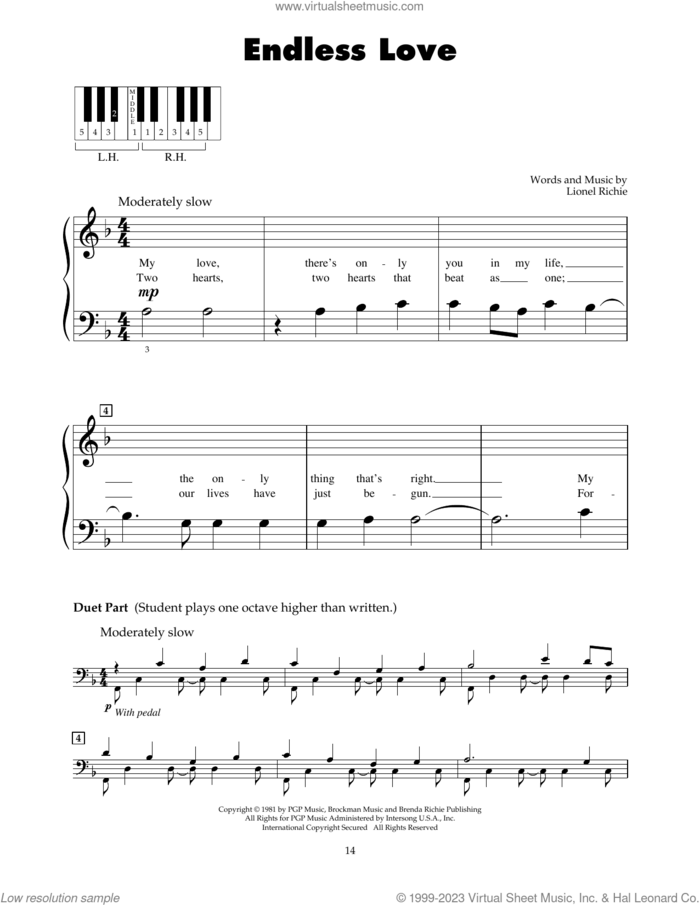 Endless Love sheet music for piano solo (5-fingers) by Diana Ross & Lionel Richie and Lionel Richie, beginner piano (5-fingers)