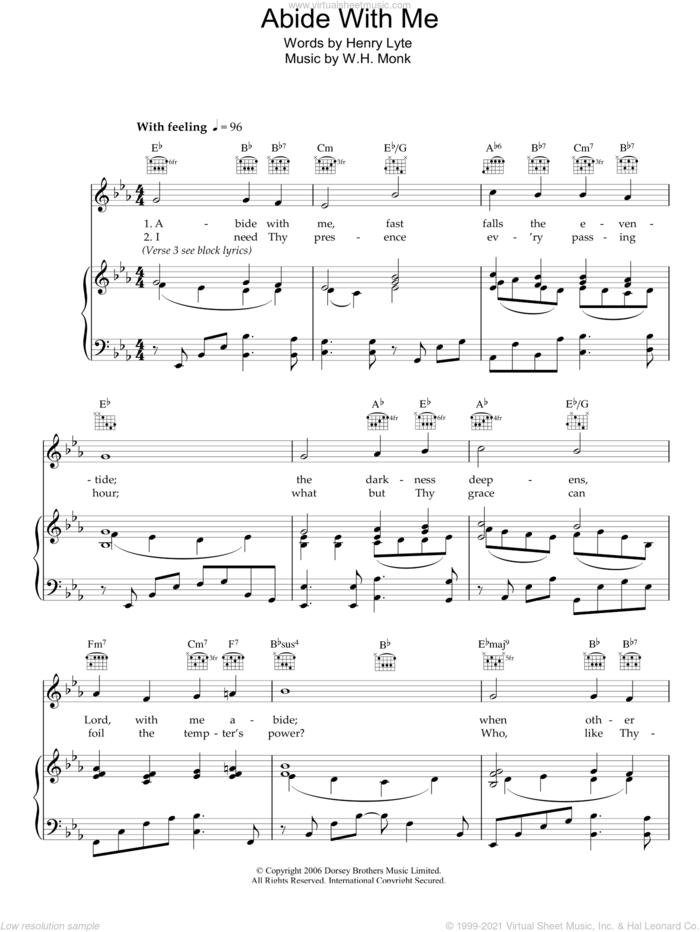 Abide With Me sheet music for voice, piano or guitar by Henry F. Lyte and William Henry Monk, intermediate skill level