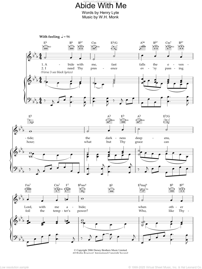 Abide With Me sheet music for voice, piano or guitar by Henry F. Lyte and William Henry Monk, intermediate skill level