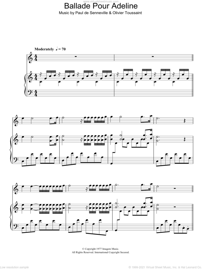 Ballade Pour Adeline sheet music for piano solo by Richard Clayderman, Olivier Toussaint and Paul de Senneville, intermediate skill level