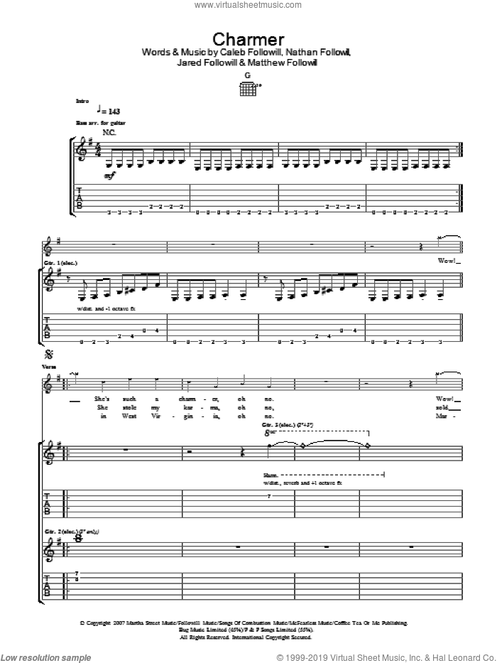 Charmer sheet music for guitar (tablature) by Kings Of Leon, Caleb Followill, Jared Followill, Matthew Followill and Nathan Followill, intermediate skill level