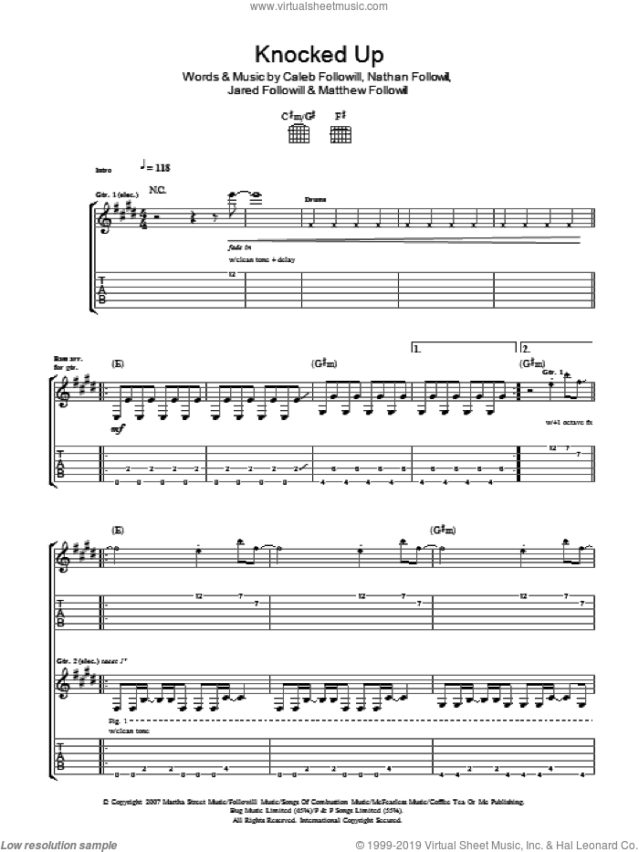 Knocked Up sheet music for guitar (tablature) by Kings Of Leon, Caleb Followill, Jared Followill, Matthew Followill and Nathan Followill, intermediate skill level