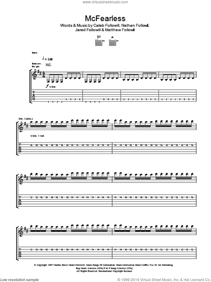McFearless sheet music for guitar (tablature) by Kings Of Leon, Caleb Followill, Jared Followill, Matthew Followill and Nathan Followill, intermediate skill level