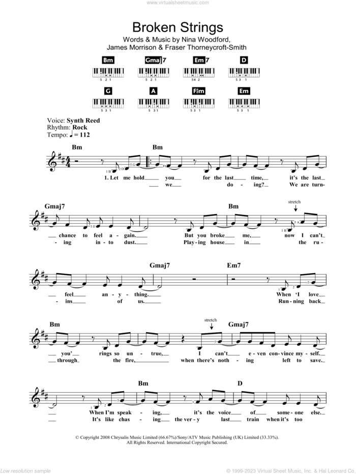 Broken Strings sheet music for voice and other instruments (fake book) by James Morrison featuring Nelly Furtado, James Morrison, Nelly Furtado, Fraser Thorneycroft-Smith and Nina Woodford, intermediate skill level
