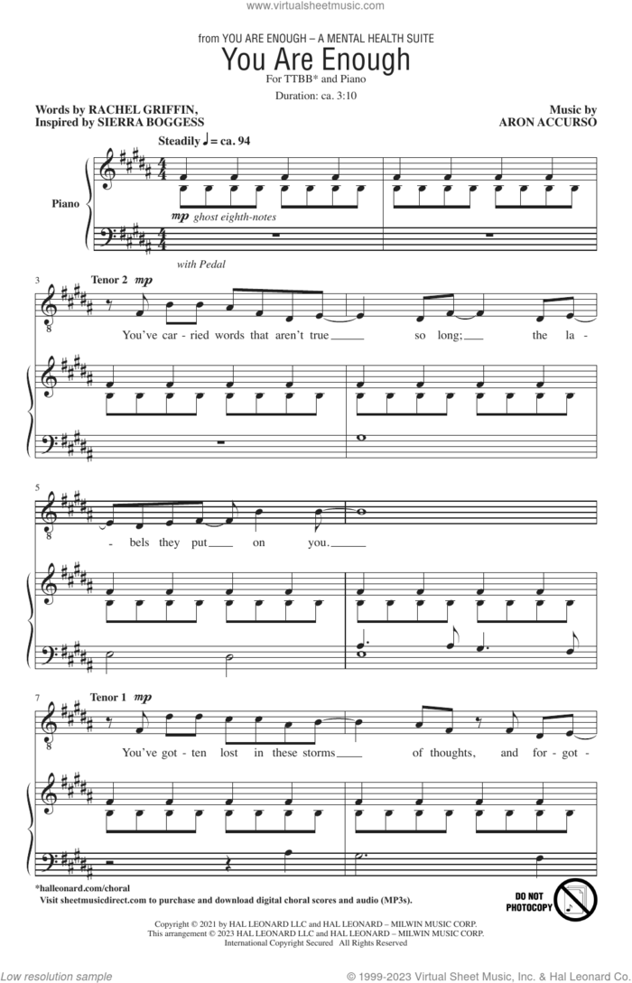 You Are Enough (Third movement from the suite 'You Are Enough: A Mental Health Suite') sheet music for choir (TTBB: tenor, bass) by Aron Accurso and Rachel Griffin Accurso, Aron Accurso and Rachel Griffin, intermediate skill level