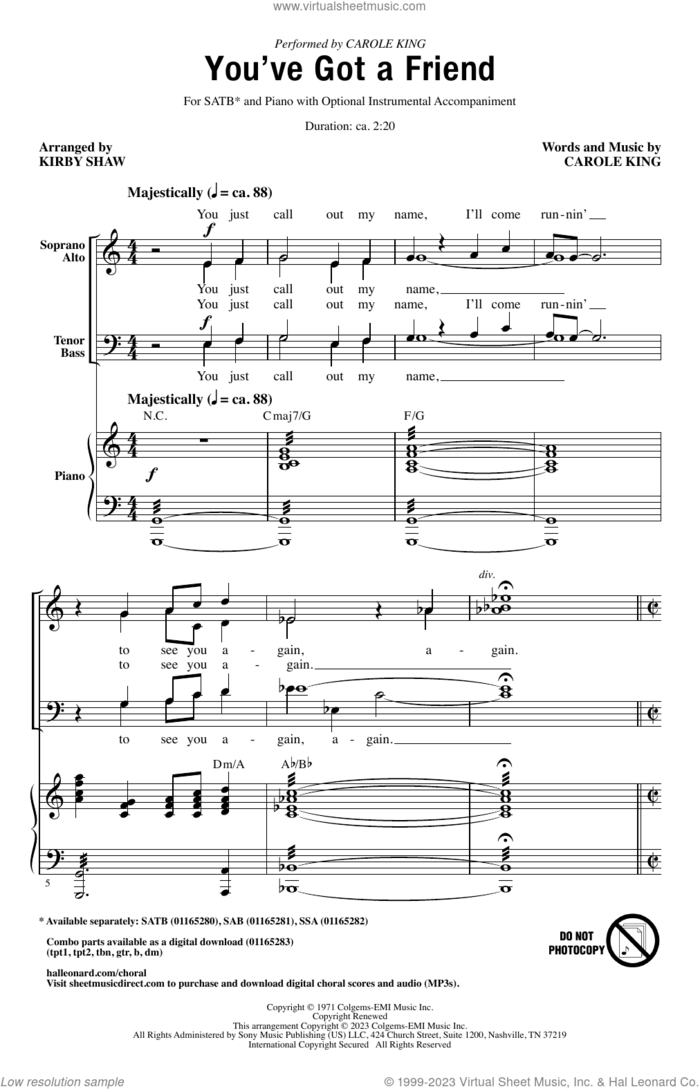 You've Got A Friend (arr. Kirby Shaw) sheet music for choir (SATB: soprano, alto, tenor, bass) by Carole King and Kirby Shaw, intermediate skill level