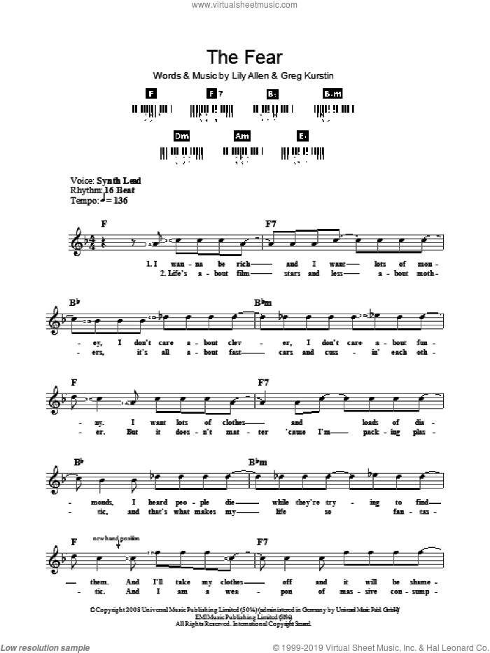 The Fear sheet music for voice and other instruments (fake book) by Lily Allen and Greg Kurstin, intermediate skill level