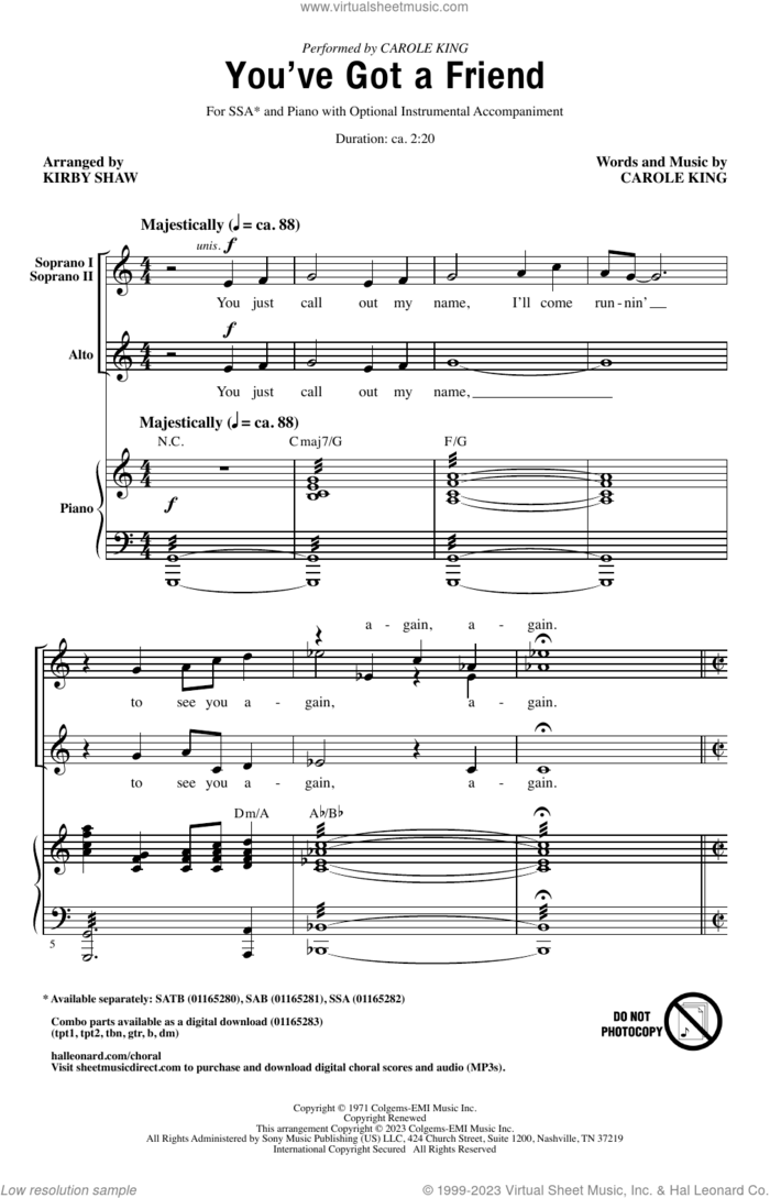You've Got A Friend (arr. Kirby Shaw) sheet music for choir (SSA: soprano, alto) by Carole King and Kirby Shaw, intermediate skill level